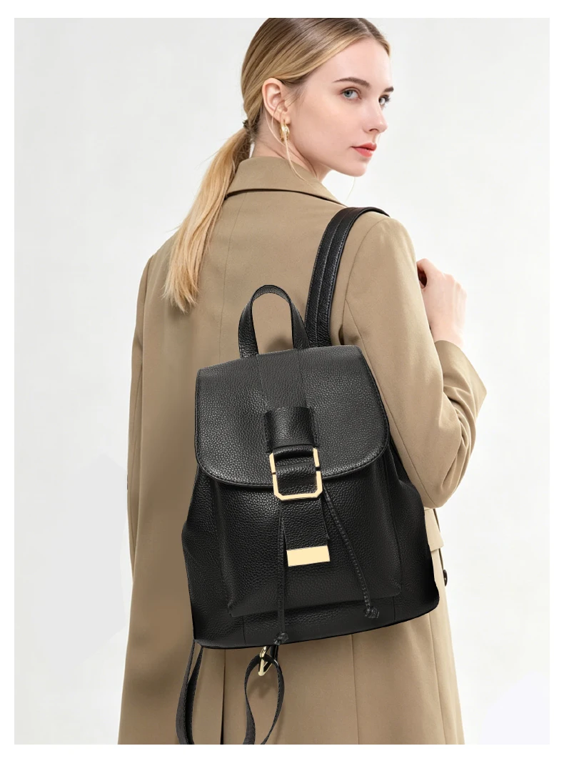 Damen-Rucksack aus genarbtem Leder, Mini-Rucksack mit Kordelzug und goldener Schnalle, lässiger Tagesrucksack für Damen, ideal für Arbeit und den täglichen Gebrauch – Detail 2