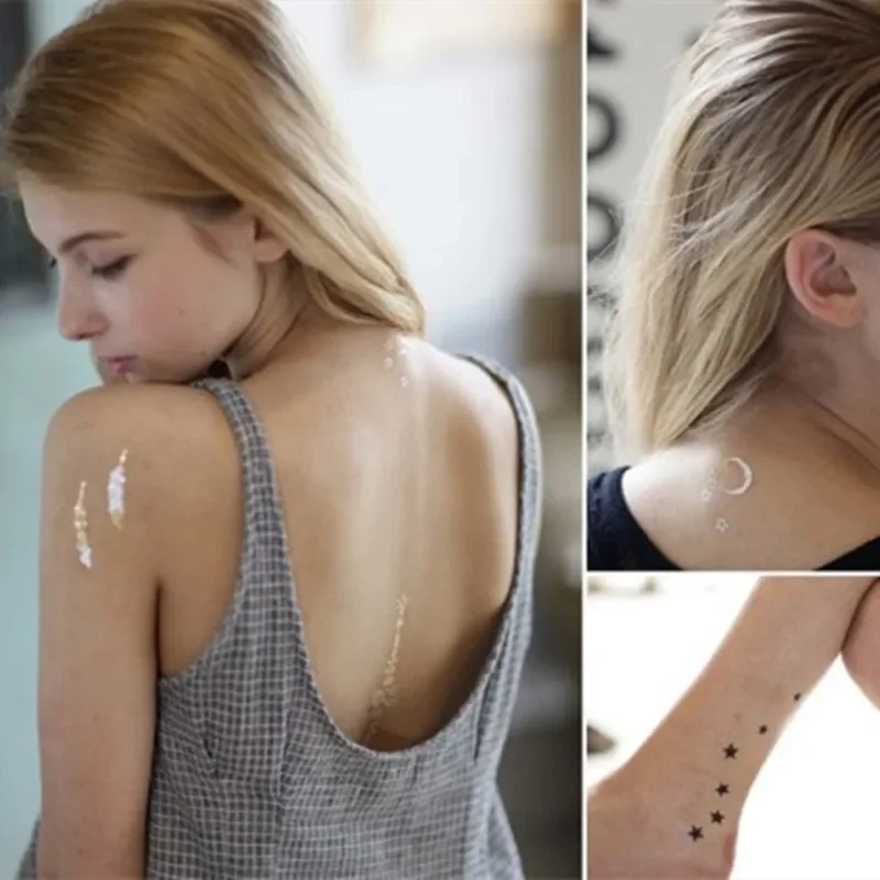 Tymczasowy tatuaż Seksowne słońce Księżyc Gwiazda Kobiety Impreza Body Arm Art Fake Flash Tattoos Gold Metallic Tattoo Sticker Girl Bracelet Wrist