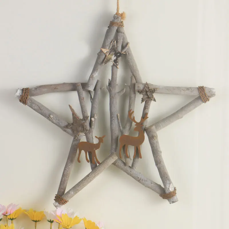 

Christmas wooden hanging plaque five-pointed star hollow Nordic wooden ornaments Christmas tree driftwood pendant decoration