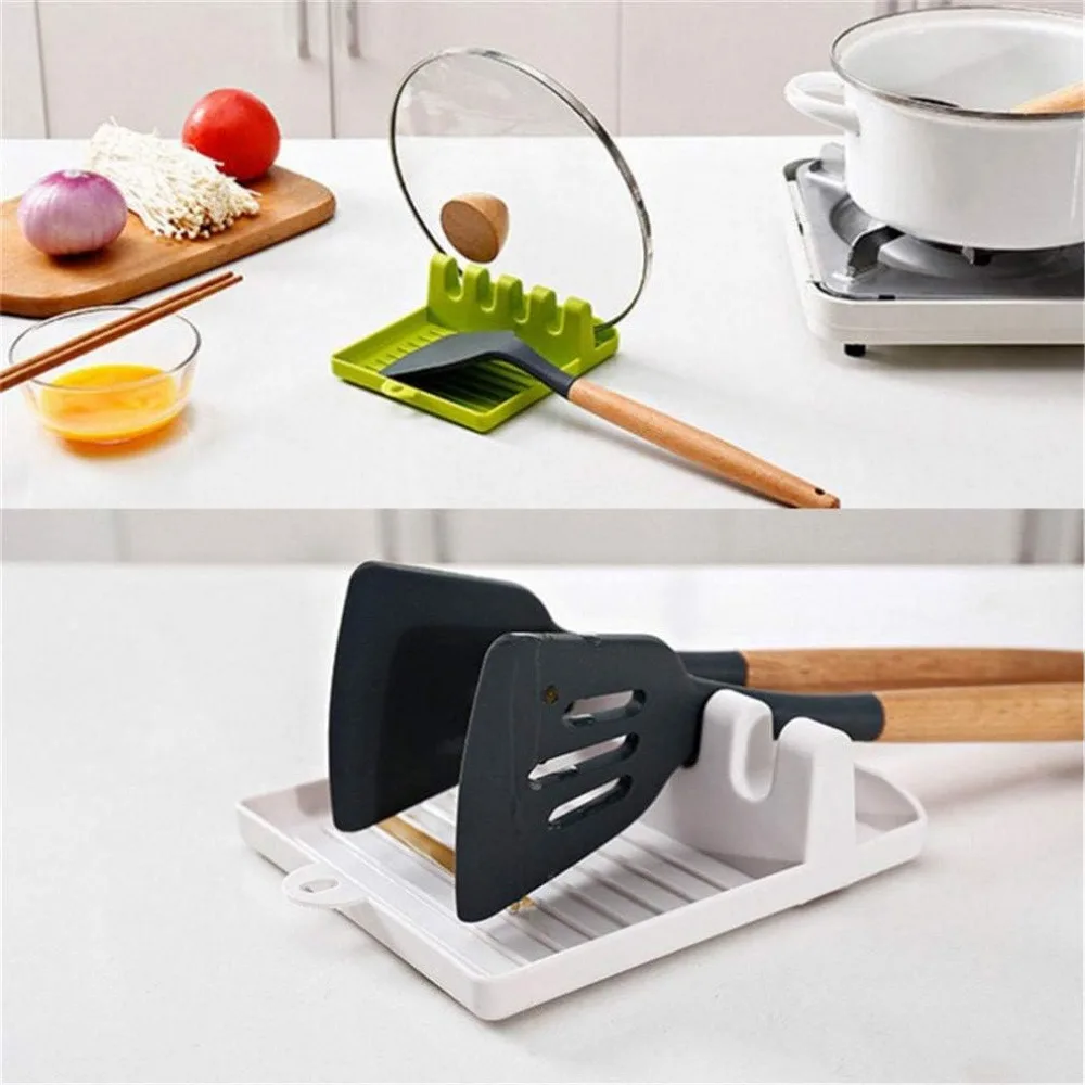 Kitchen Utensil Rest & Lid Holder Stand, 3-in-1 Countertop Organizer with Non-Slip Base, Drip Catcher Tray for Spatulas, Ladles, Pot Lids, and Cutting Boards, Cartoon Style All-in-One Caddy for Stove Top Cooking (1-Pack)