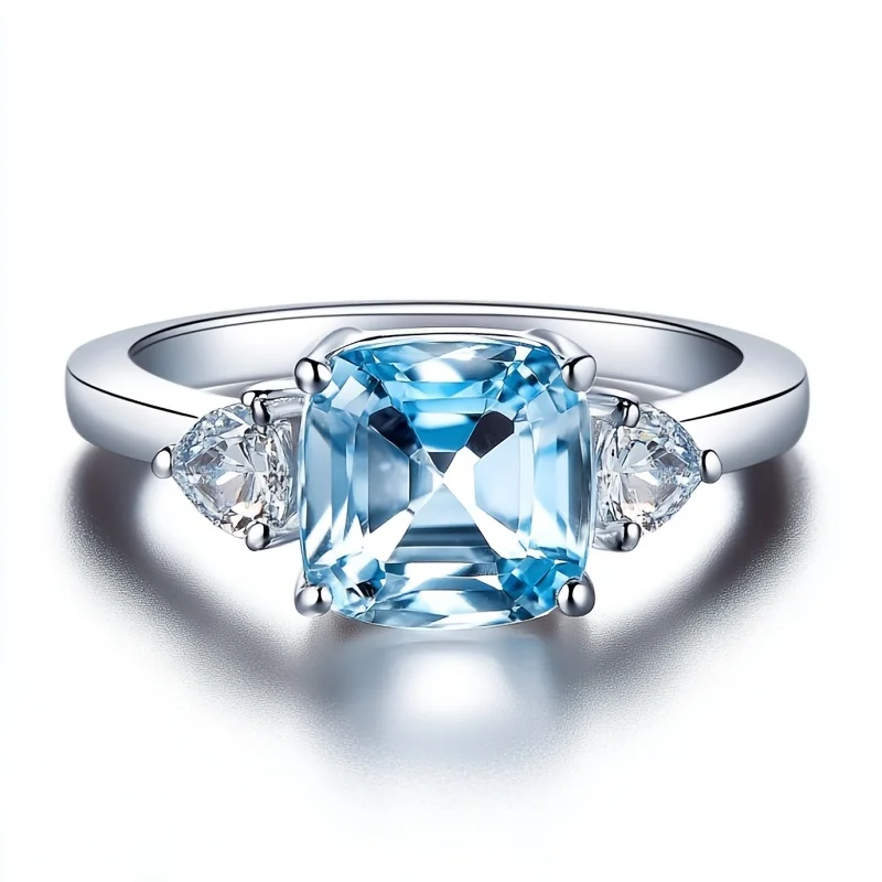 SGARIT 925 Silver Square cutting Natural Sky Blue Topaz Ring for Women October Birthstone Elegant Fine Jewelry Anniversary Gift