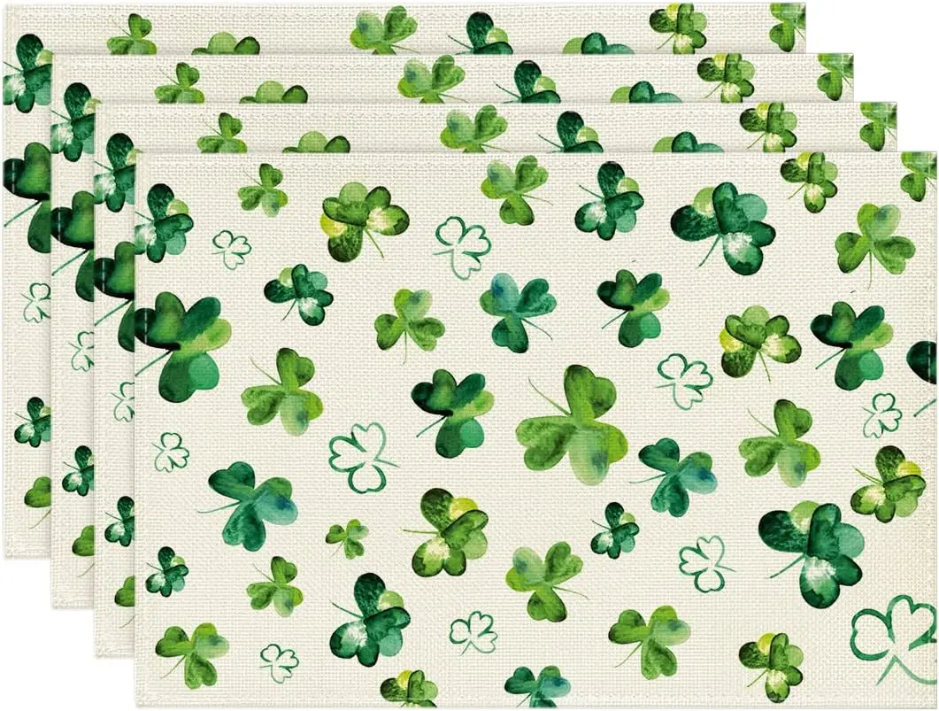 Lucky Clovers St. Patrick's Day Placemats for Dining Table 12x18 Inch Seasonal Holiday Vintage Washable Table Mats Set of 4