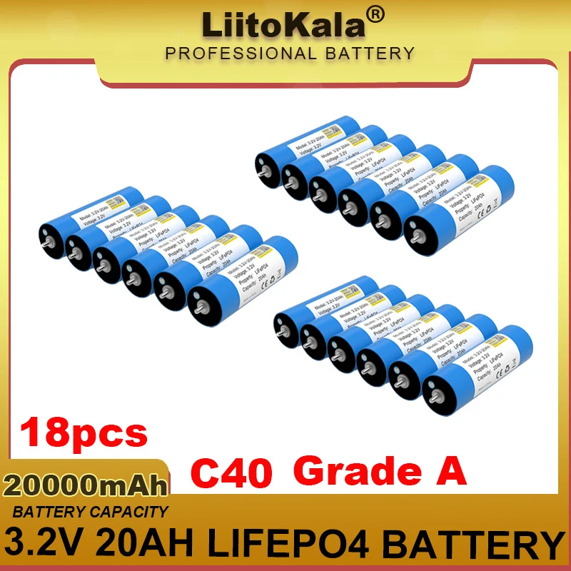 18pcs LiitoKala 3.2V 20Ah Battery LiFePO4 phosphate Cell for 12V 4s Motorcycle Car motor Modification Inverter camping Grade A