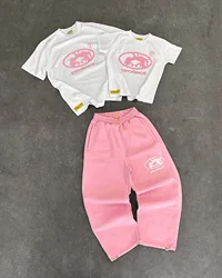 Casual Protect Letter Graphic T shirts Two Piece Sweatpant Y2k Clothes Men Streetwear Oversized Pink Pants Set Men Clothing