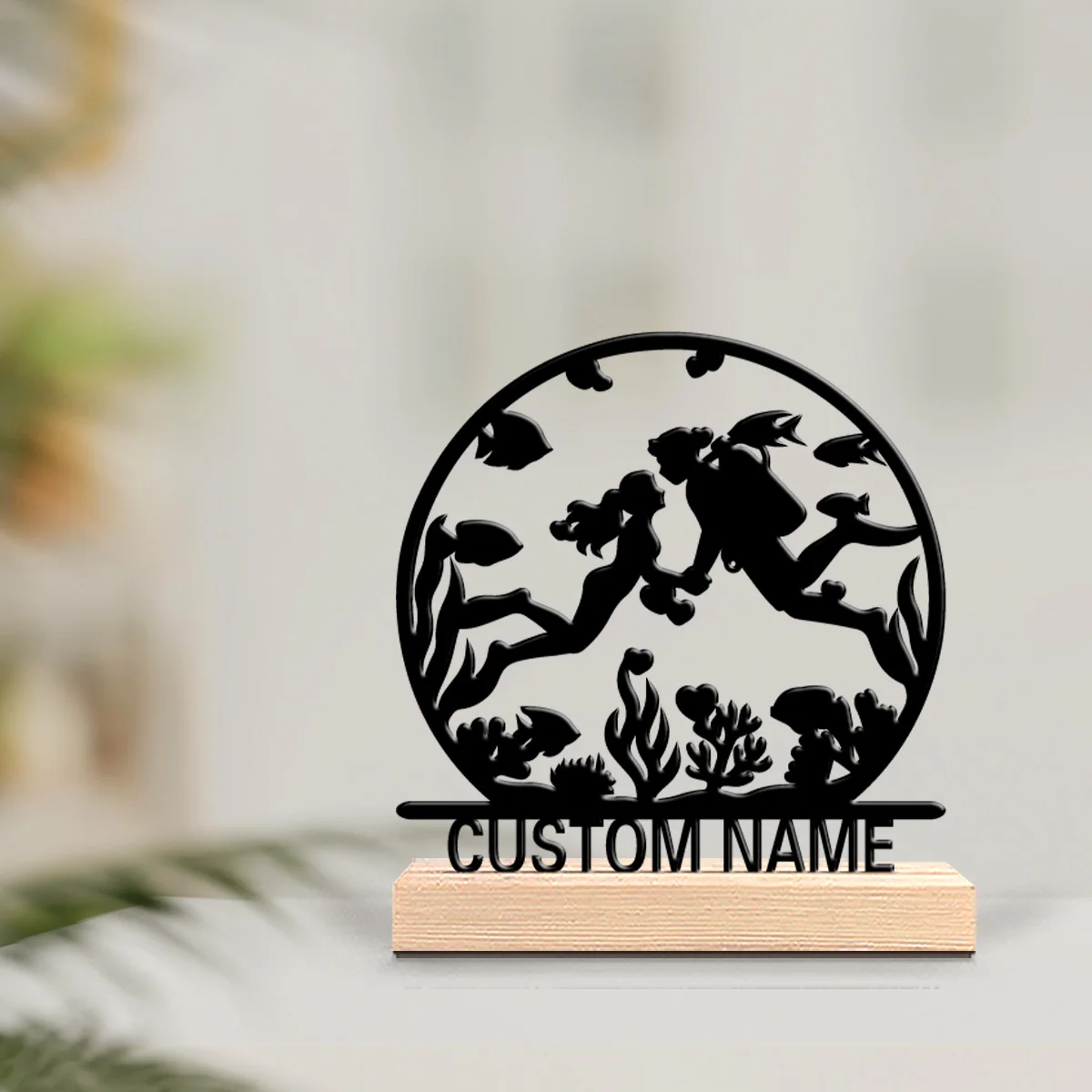 1pc Fashion Personalized Custom Couple Diving Metal Art With Wooden Base Tabletop Decoration Sports Enthusiast Gift With Wooden