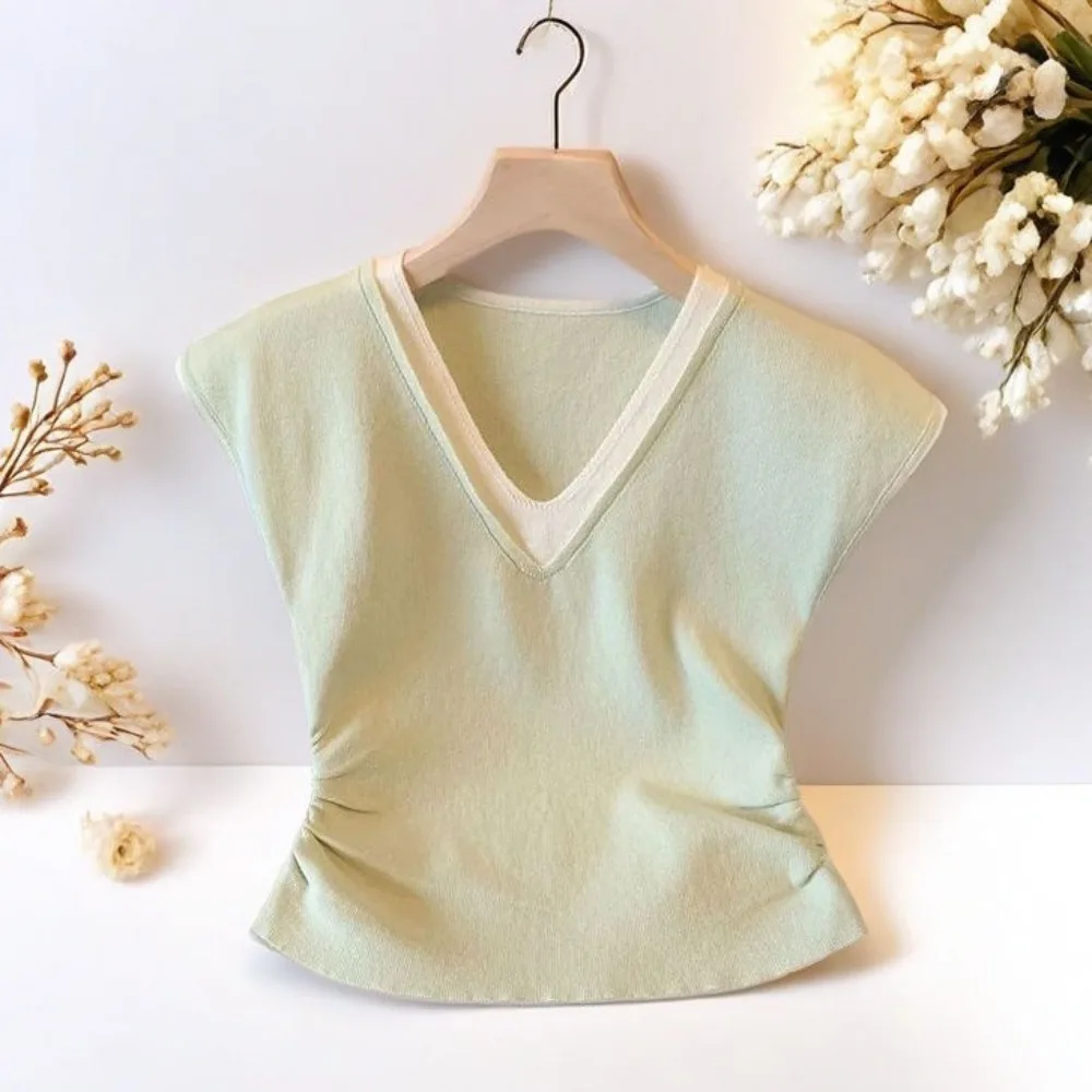 

Simple Patchwork Fake Two Pieces T-shirts Short Sleeve V-neck Slim Crop Top Korean Style Sweet Girl's Top Summer