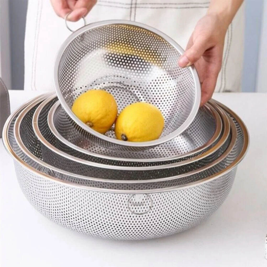 1PC Stainless Steel Drain Basket Colander Fruit Rice Vegetable Washing Basket Strainer Drainer with Handle Kitchen Storage Tools