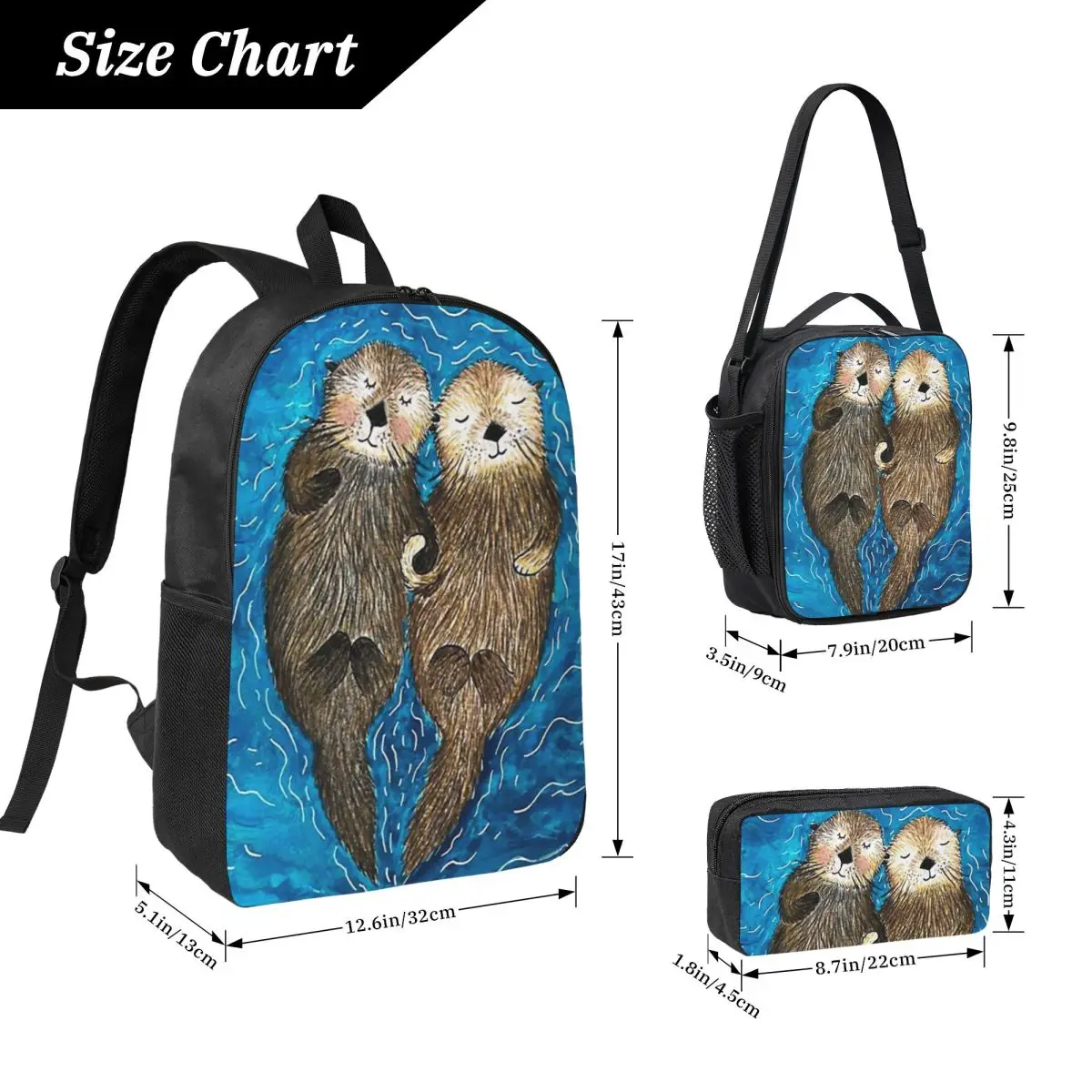 Otter CUTE SLEEP Backpack Boys Girls BookBag School Bag Laptop Shoulder Bags 3ps Insulated Lunch Bag Pencil Case