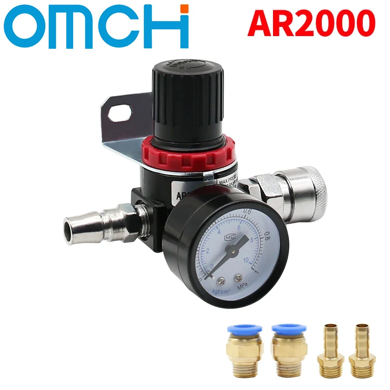 AR2000 G1/4'' Black Air Control Compressor Pressure Relief Regulator Valve with Fitting Gauge and Bracket