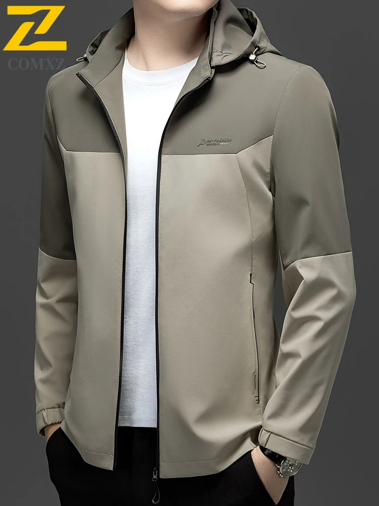 

COMXZ Men Hooded Jacket Office Business Travel Stylish Color Blocking Lightweight Windbreaker Casual Outdoor Golf Coat Autumn