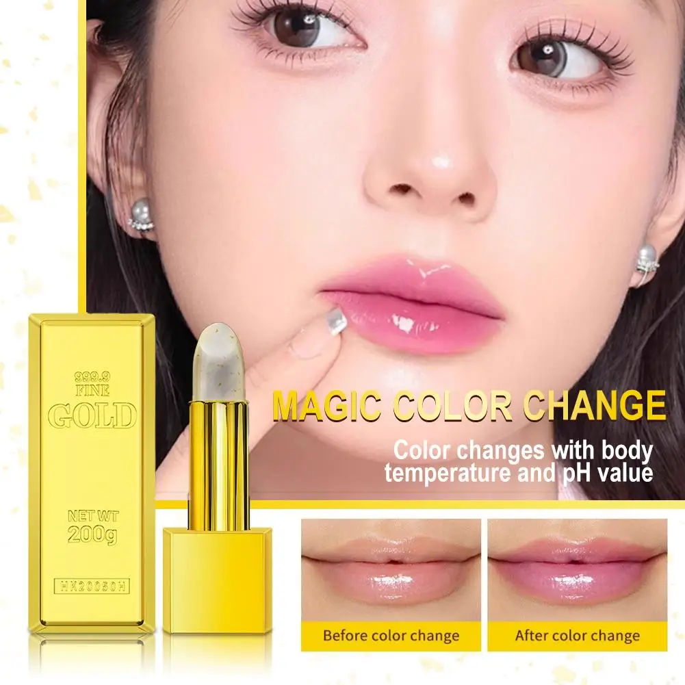 1pcs Gold Foil Color Changing Lip Balm Glossy Non-Sticky Nourishing Moisturizing Lasting Transferproof Color Changing Lipstick