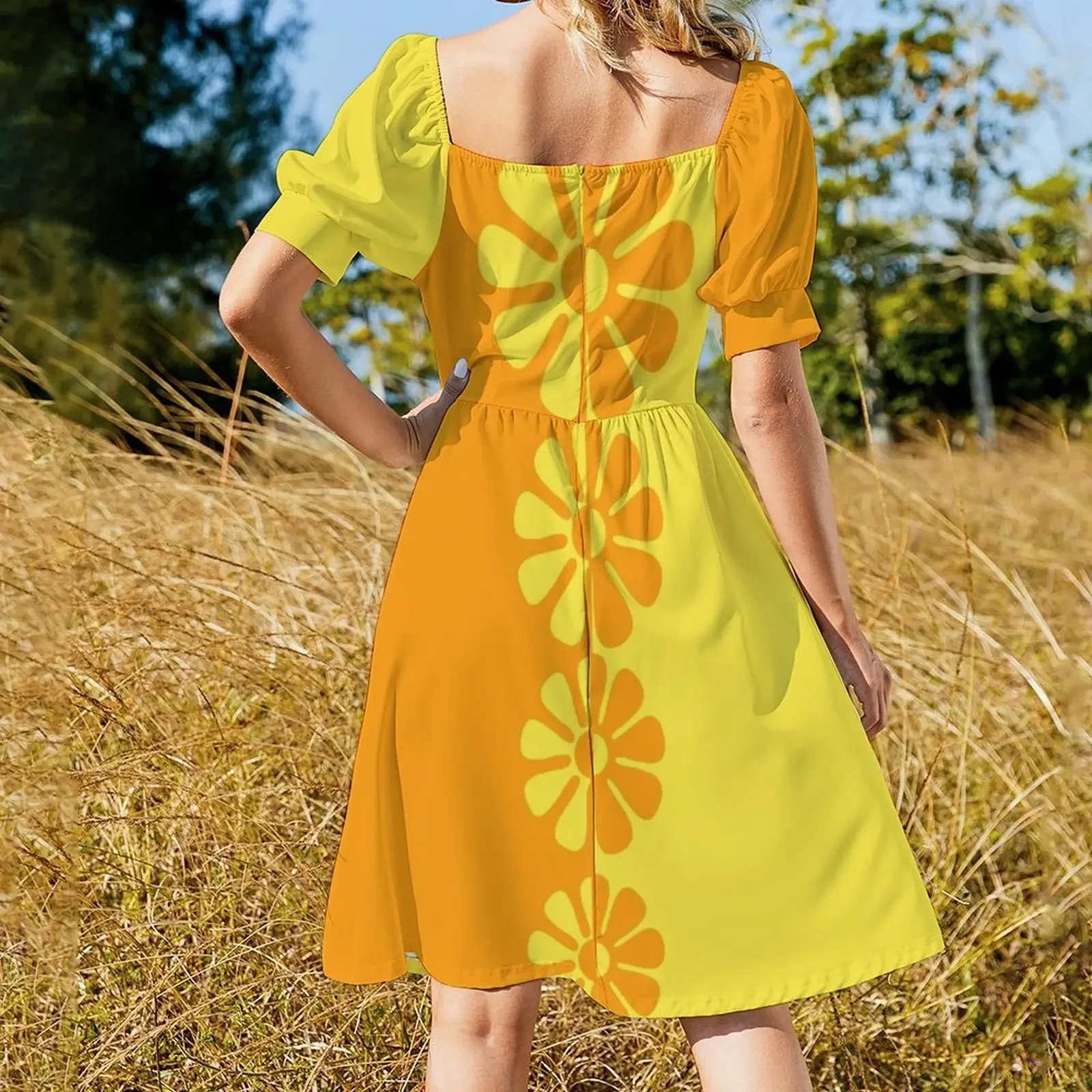 60's Bold Retro Mod Flowers in Orange and Yellow Short-Sleeved Dress dresses for prom Summer skirt