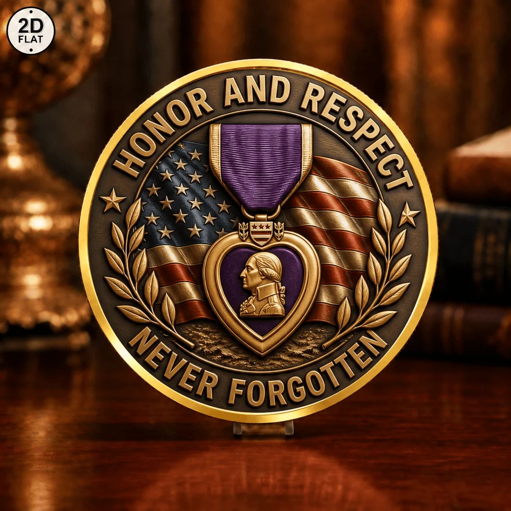 1pc Honor and Respect Never Forgotten Purple Heart Medal Challenge Coin 2D Print Veteran Memorial Tribute Souvenir Coin Gifts