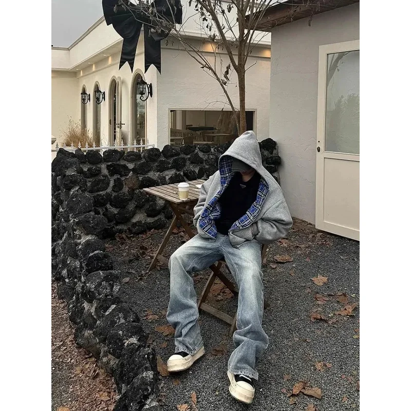 บ้านหมี Casual Retro Mens Zipper Hoodie Gothic Blue ลายลายสก๊อตด้านหน้าและด้านหลัง 2 เสื้อกันหนาว 90s Hip Hop Loos 2025 ใหม่