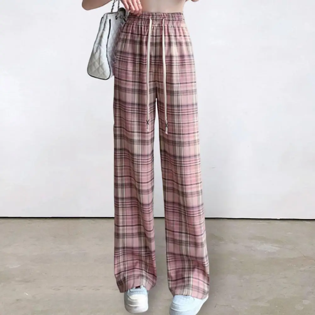 

Women Sweatpants Plaid Print Contrast Color Wide Leg High Elastic Waist Straight Drawstring Full Length Women Pants