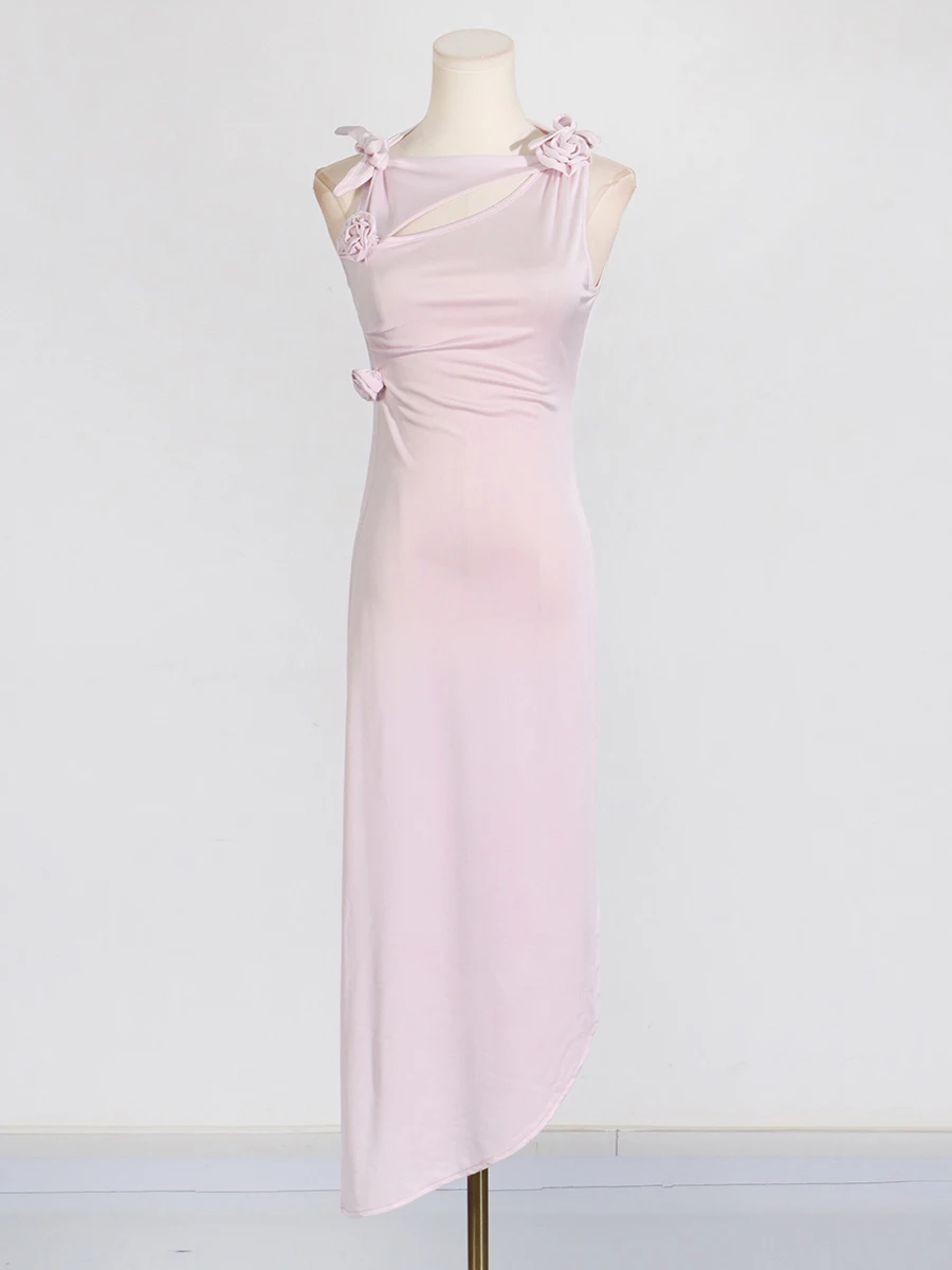 فستان VGH مزين بالتخسيس الصلب للنساء بياقة دائرية بدون أكمام وخصر عالٍ فساتين مفرغة جديدة للسيدات