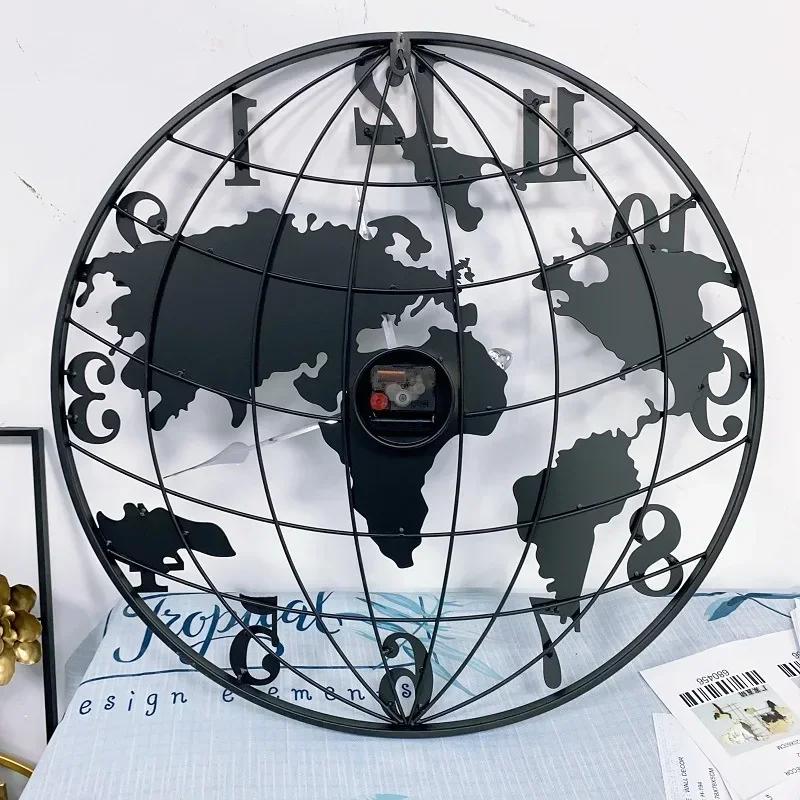 24 Inch Large Map Wall Clock Metal Minimalist Modern Clock Round Silent Non-Ticking Battery Operated Wall Clocks for Living Room