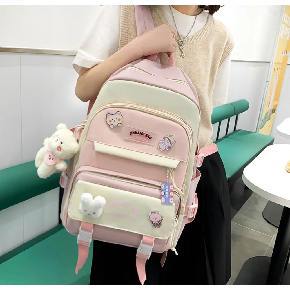 5 Pcs /Set Nylon Set Kawaii Girls Backpack Large Capacity Bag Doll Pendant Backpack Multi-Pocket Schoolbag Waterproof