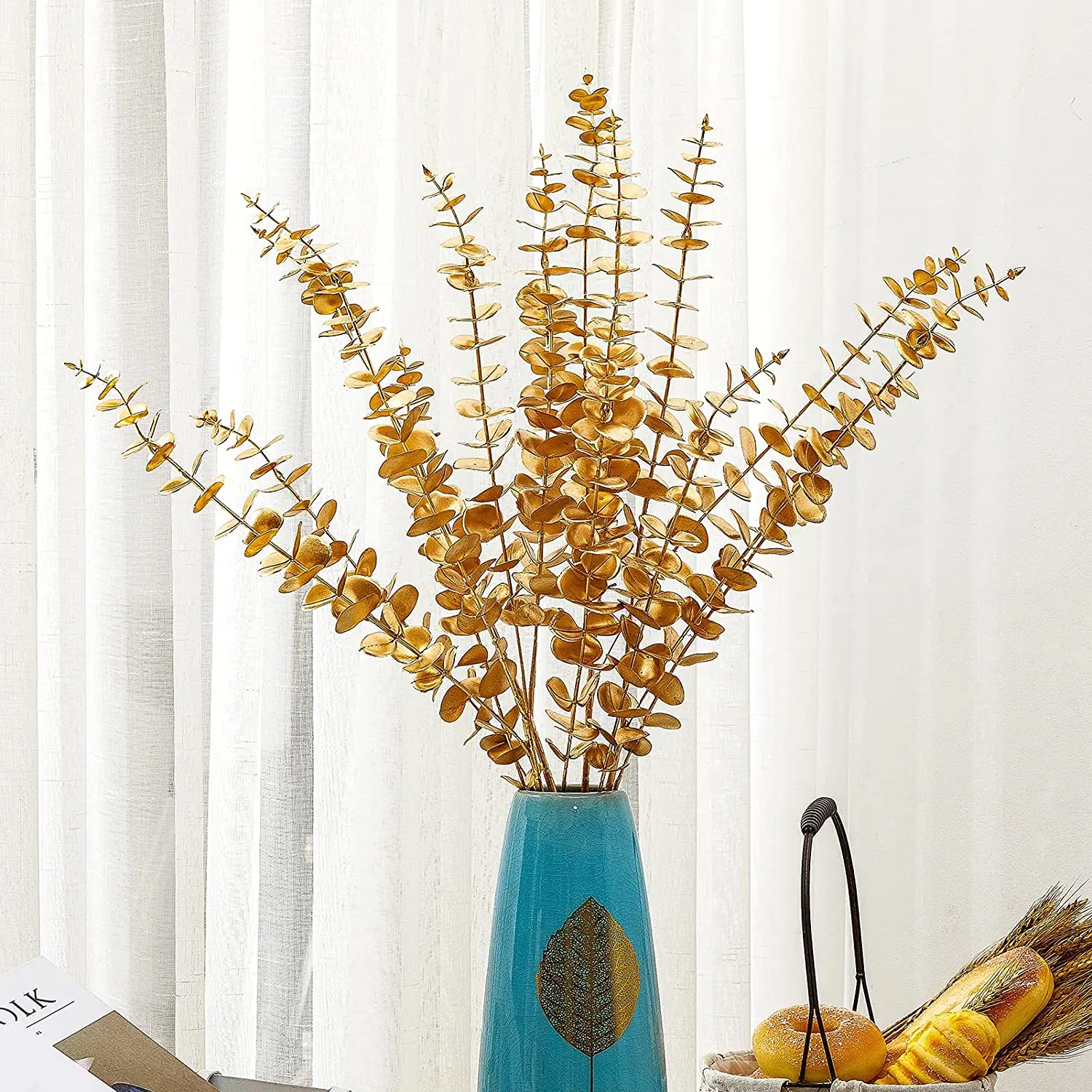 Artificial Gold Eucalyptus Branch Stem, Autumn Plants, Home Decoration, Wedding Flower Arrangement, Greenery, 5Pcs per Lot