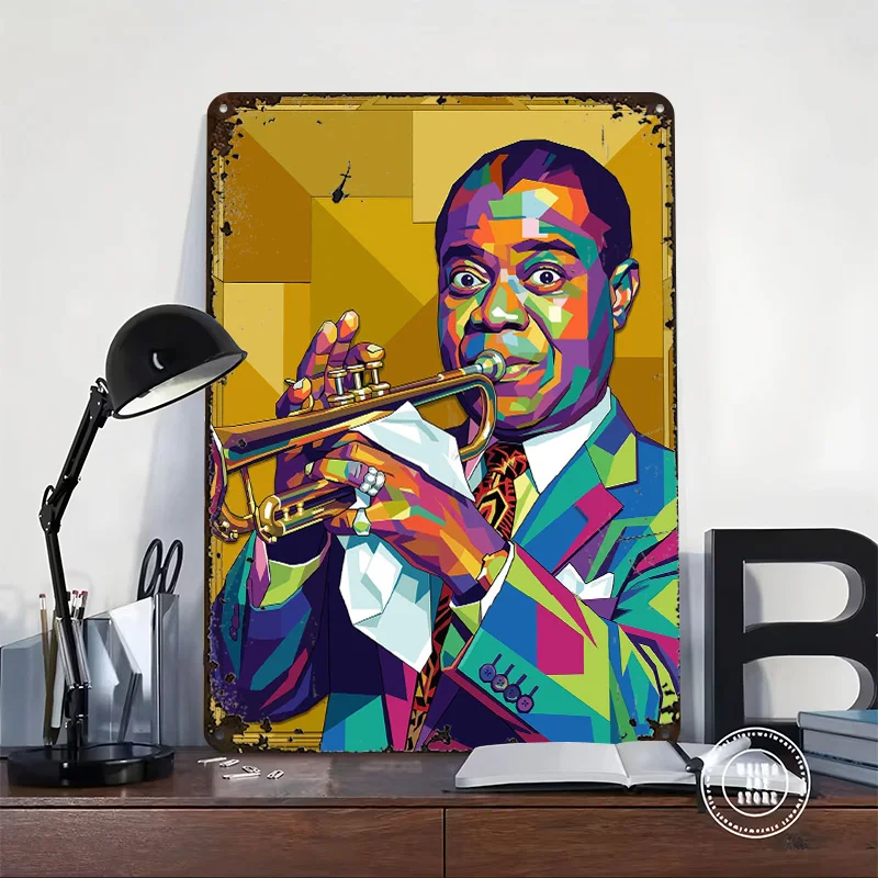 Louis Armstrong Playing Trumpet Pop Art Poster Retro 3D Printed Metal Signs Customized Wall Hanging Gift for Mancave Decoration