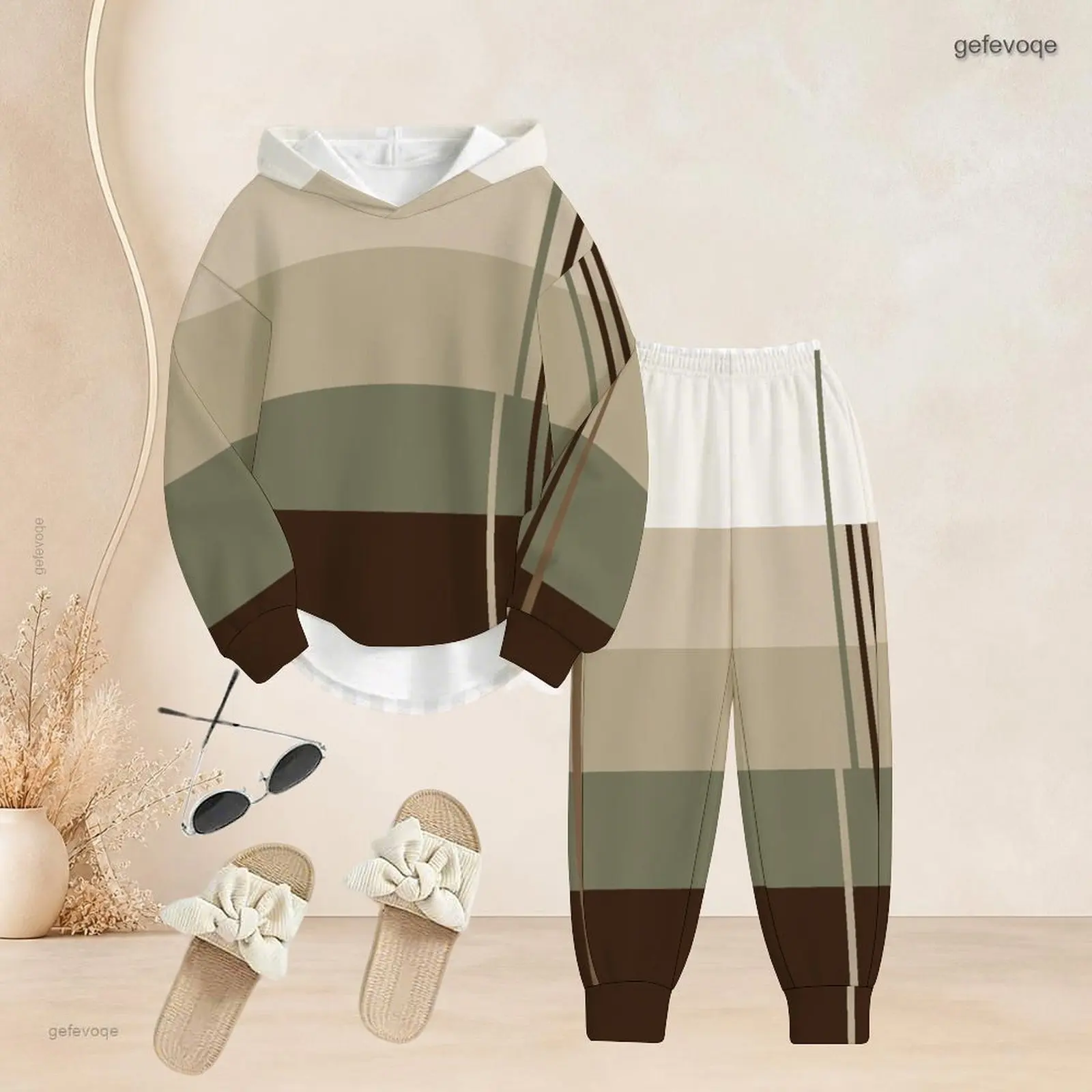 Printed Pants Set for Women Long Sleeve Hooded Top Cuffed Pants Two Piece