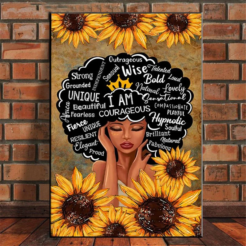 Abstract African Girl Sunflower Art Canvas Painting I'm Queen Sexy Nude Woman Poster Black Girl Wall Art Picture Home Room Decor