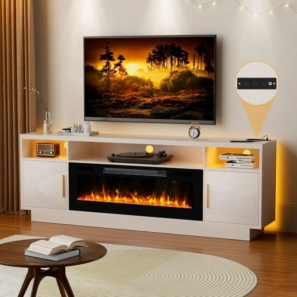 

70'' TV Stand with Fireplace and Power Outlet-LED White Entertainment Center for 75+ inch TV- 27'' High TV Cabinet with Storage,