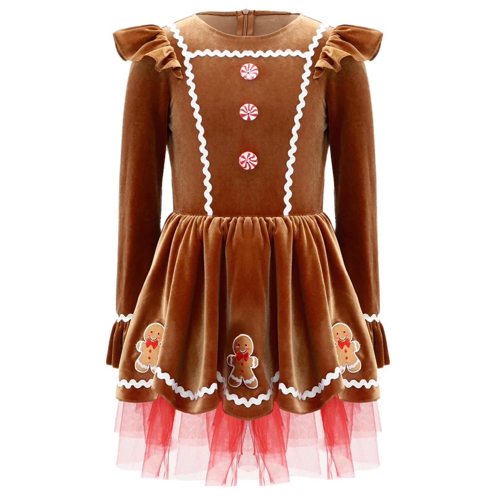 

Girls Christmas Gingerbread Man Dress Long Sleeve Adorned with Wave Braided Tape Cute Patch Dresses Xmas Party Princess Costume