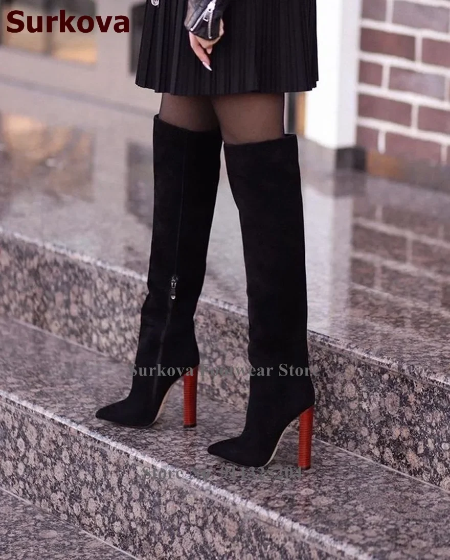 Surkova Ladies Wooden Pattern Chunky Heels Knee Boots Nude Black Pointed Toe Long Boots Patchwork Dress Shoes Size46 Dropship