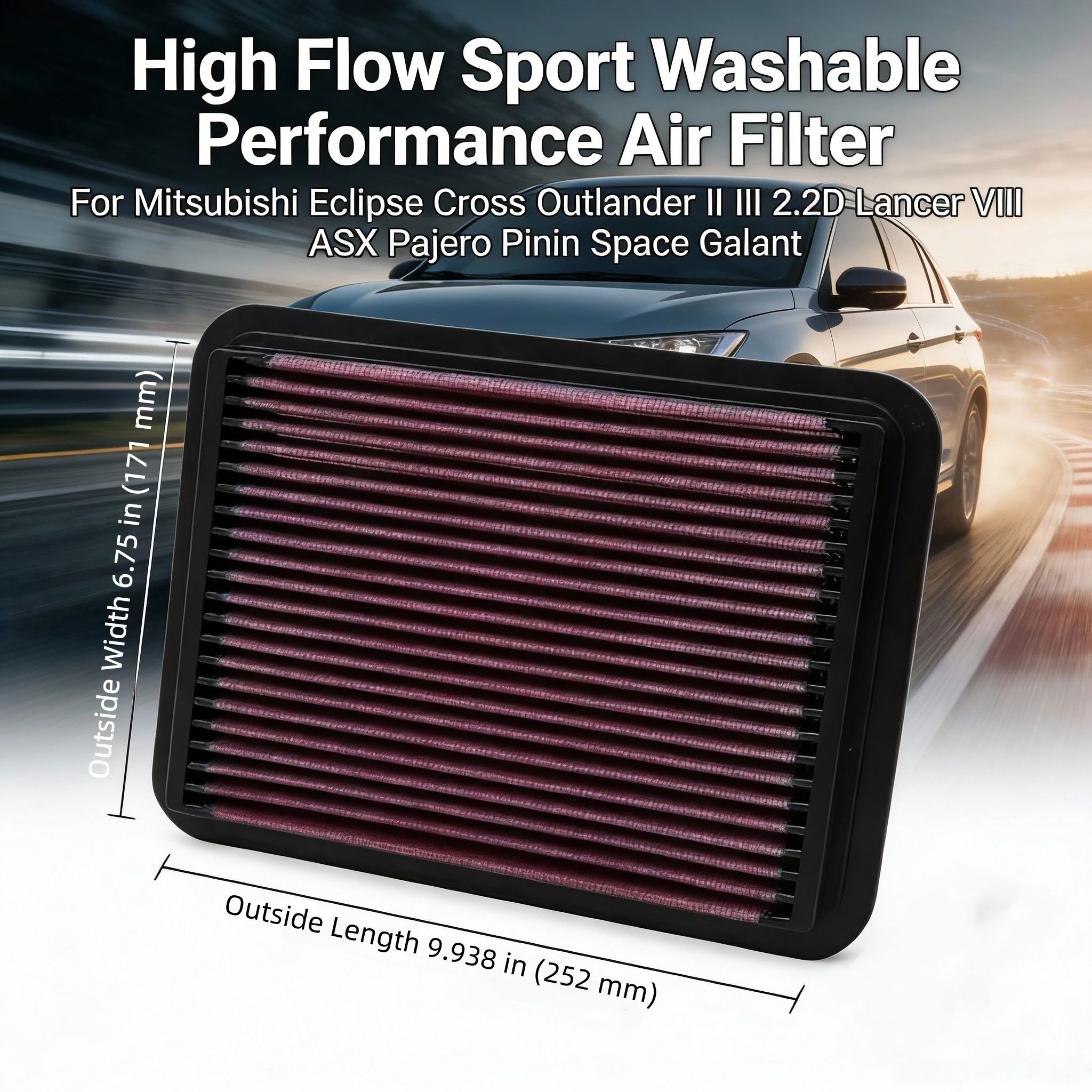 For Mitsubishi Eclipse Cross Outlander II III 2.2D Lancer VIII ASX Pajero Pinin Space Galant High Flow Sport Washable Air Filter