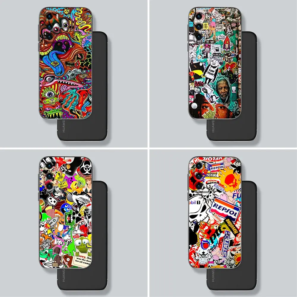 Cartoon Graffiti Sticker Bomb Phone Case for Huawei P10 P20 P30 P40 P50 P50E P Smart 2021 Pro Lite 5G Plus Soft Silicone Case