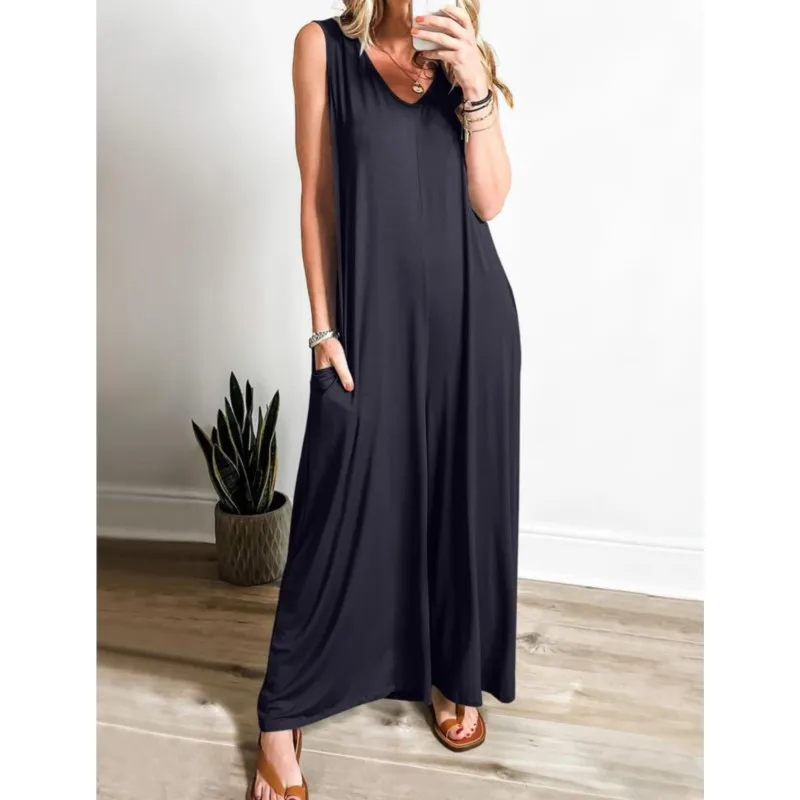 Women's New Summer Casual Jumpsuit Solid Color Elegant Jumpsuit Sleeveless V-neck Wide Leg Pants Jumpsuit Female Fashion Outfits