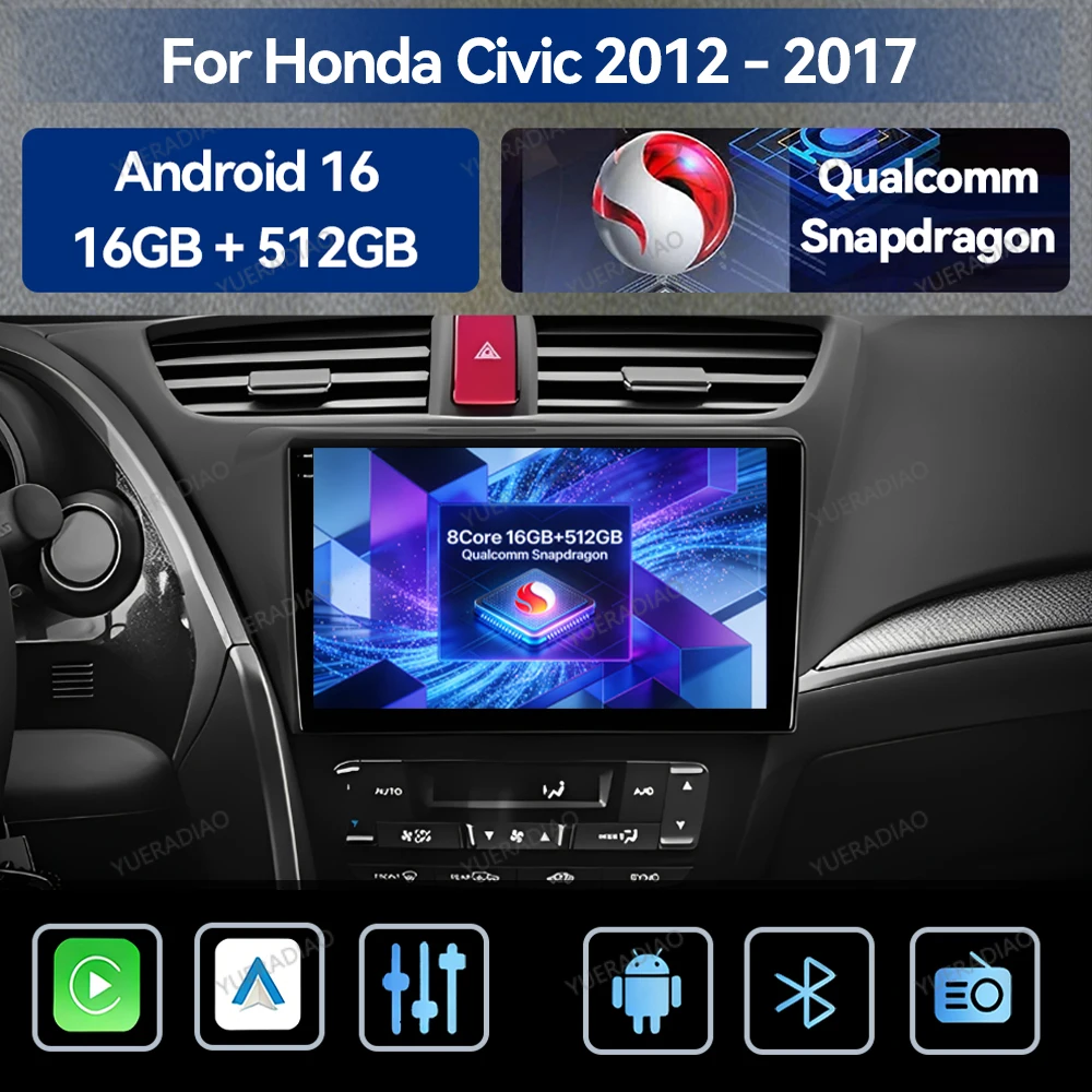 Android 16 Car Radio For Honda CIVIC Hatchback 2012 2013 2014 2015 - 2017 Head Unit BT 4G WIFI 2DIN GPS NAVI QLED Qualcomm Video