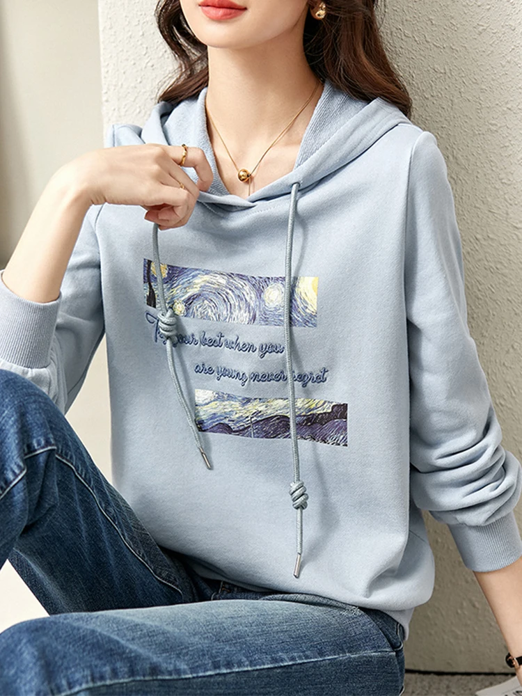 SENTUBILA Graphic Hoodies for Women Pullover Print Embroidery Hooded Sweatshirts 2024 Spring Fashion Long Sleeve Tops 123A43517