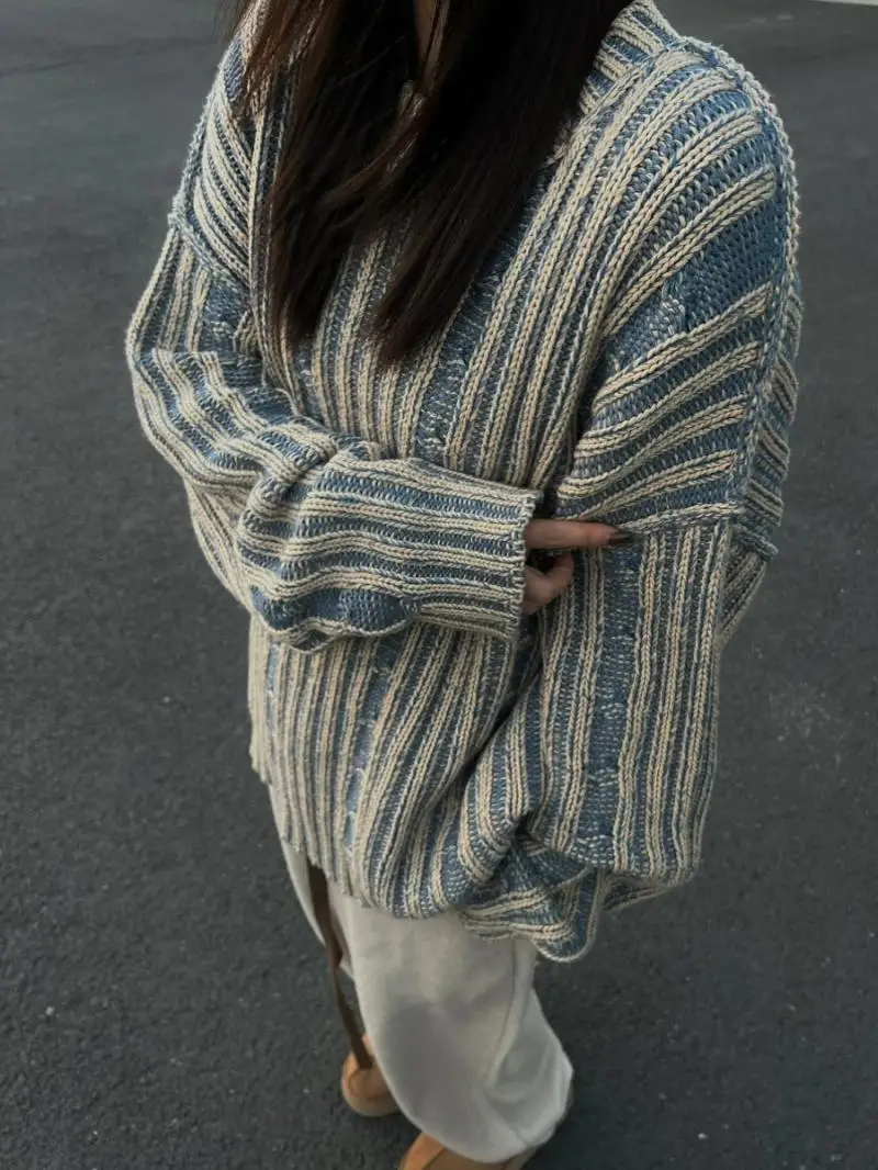 New Autumn Winter Sweaters High Street Retro Striped Contrasting Sweaters Fashionable And Casual Versatile Pullovers