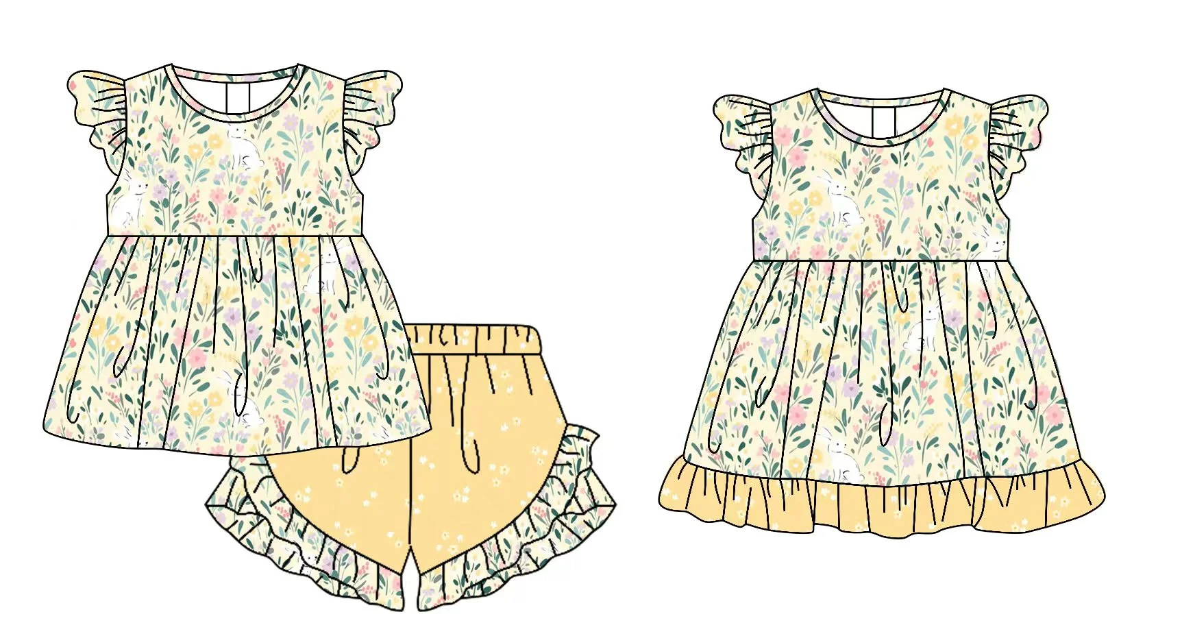 

Пасхальное маленькое платье с летящими рукавами, пара с шортами с рюшами для девочек, комплект с принтом кролика, одинаковое платье для девочек, молочная шелковая ткань, оптовая продажа