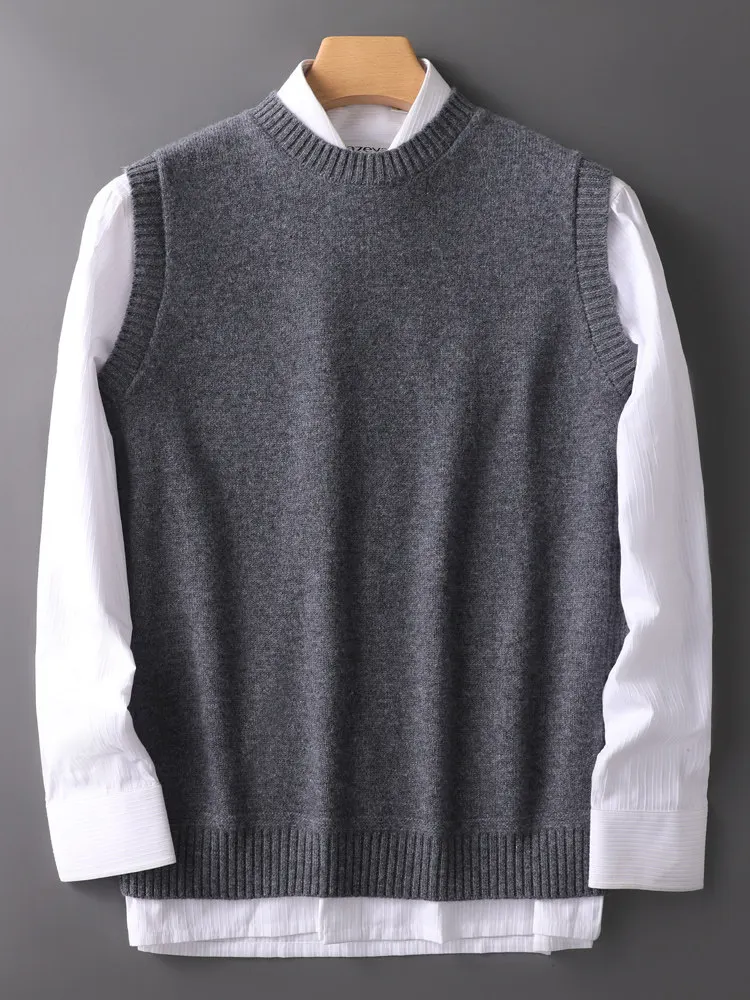 

100% Australian pure wool crew neck thickened solid color vest business casual cashmere knitted primer sweater