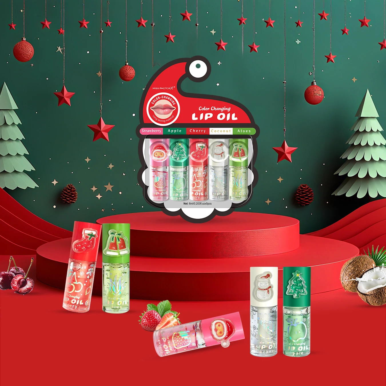 Christmas lip gloss gift box, long-lasting moisturizing and color changing lip oil, high gloss effect lip gloss 5- pieces