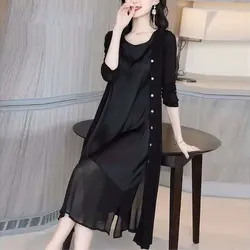 Casual Solid Color Patchwork Matching Sets Commute Single-breasted Spring Autumn Women's Clothing O-Neck Split Midi Dress Sets