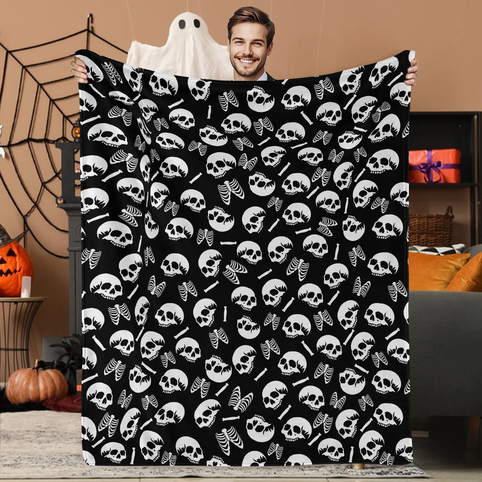 

Flannel blanket for Halloween featuring skeleton butterflies perfect gift for friends to enjoy the spooky fun