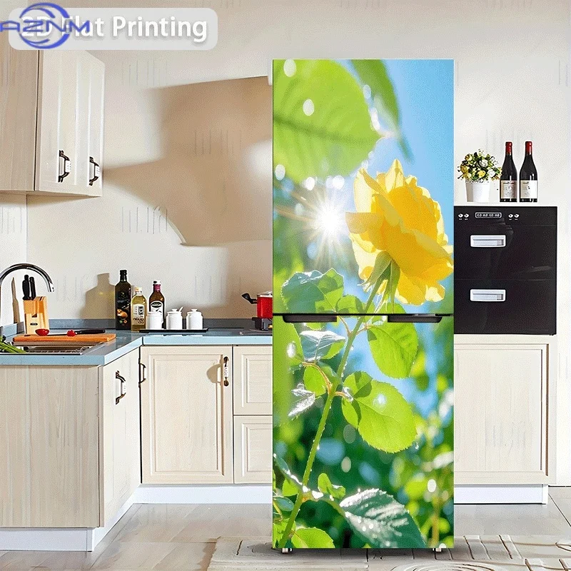 2D Flat Printing 1pc Refrigerator Sticker Yellow Rose in the Sun Themed Scene Wall Decal Self-Adhesive Wallpaper Suitable for