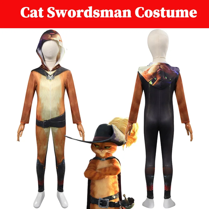 Cat Swordsman Cosplay Kids Cartoon Puss Boots Costume Little Boys Roleplay Outfits Hat Jumpsuit Halloween Party Fantasia Suit