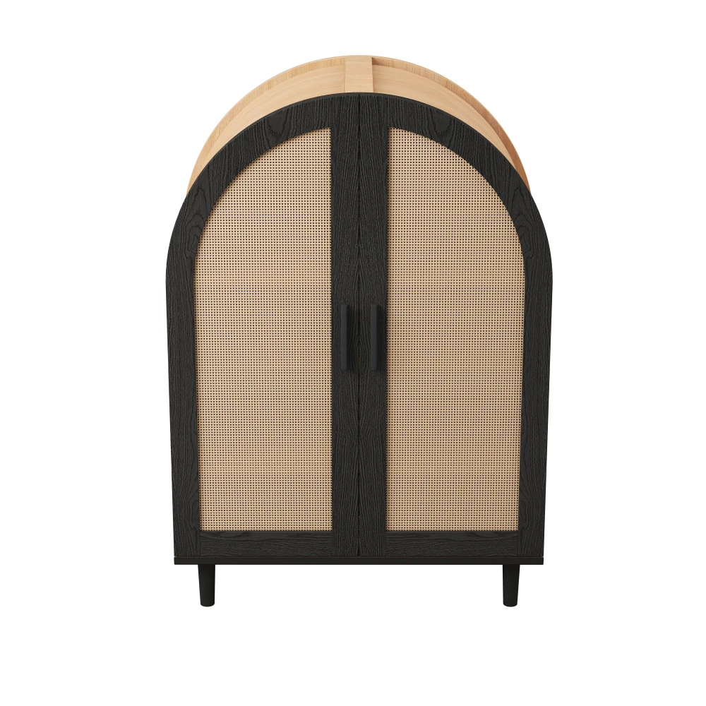 Elegantes Sideboard/Schuhschrank mit abgerundeten Außentüren, gebrochenen Rattan und drei Regalen. – Detail 18