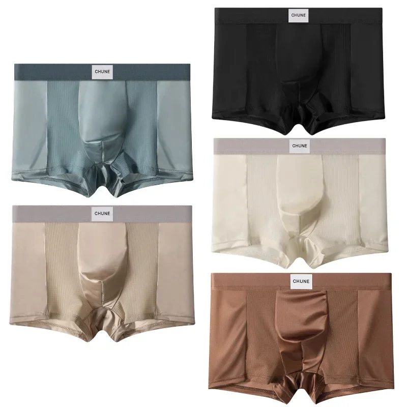 1/3PCS Boxer da uomo in raso di seta ghiacciata ad alta elasticità Mutandine comode Tinta unita a vita media Biancheria intima senza cuciture di grandi dimensioni