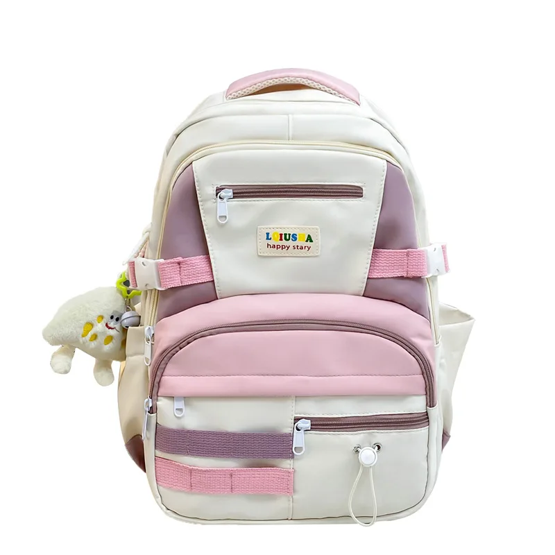 Mochila de nylon impermeável para meninas com bloqueio de cores, mochila escolar jovem de estudante de grande capacidade, mochila de viagem