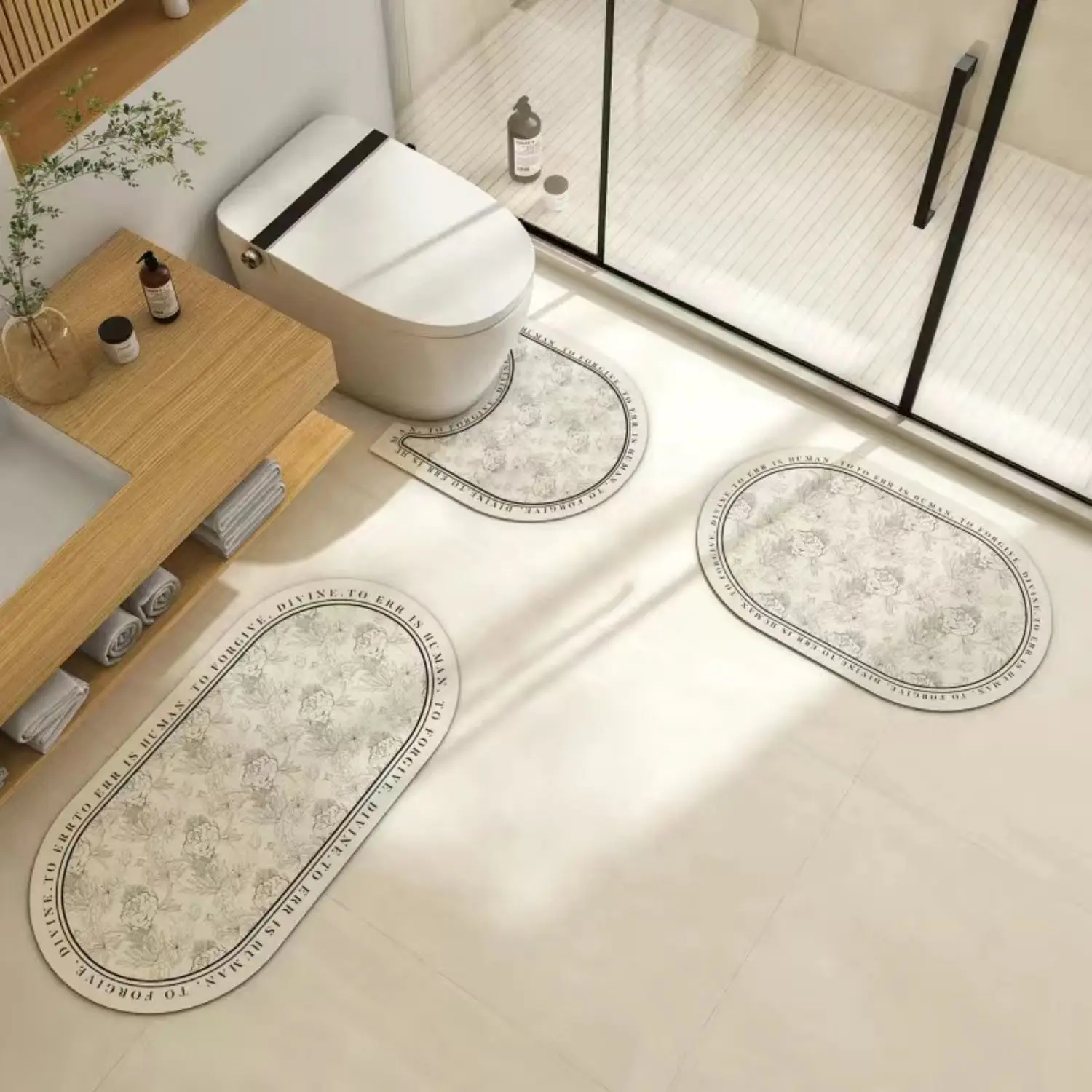 VIKAMA Retro Bathroom Diatom Mud Floor Mat Three-Piece U-Shaped Toilet Mat Toilet Absorbent Non-Slip Foot Mat Entrance Door Mat