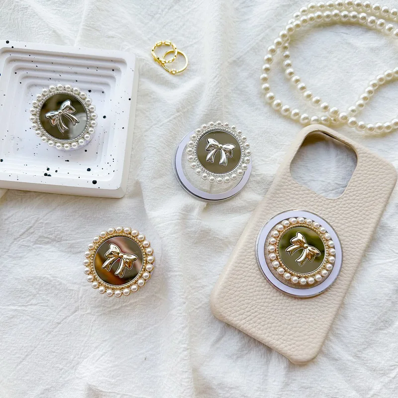 Mirror Bow Ins Style Pearl Ring Phone Airbag Bracket Magnetic Suction Stand Adhesive for Iphone Samsung Grip Tok Support Holder