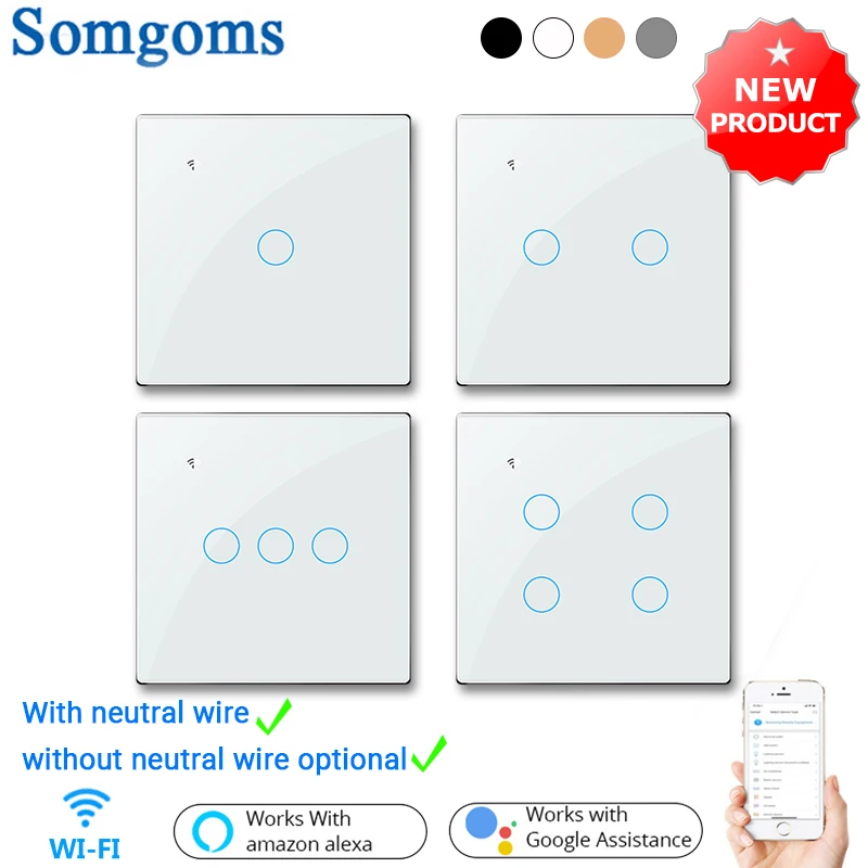 Somgoms WiFi Wall Touch Light Switch Wireless Remote Control Tuya/Smart Life App Backlight Alexa Google Voice  EU 2/3way