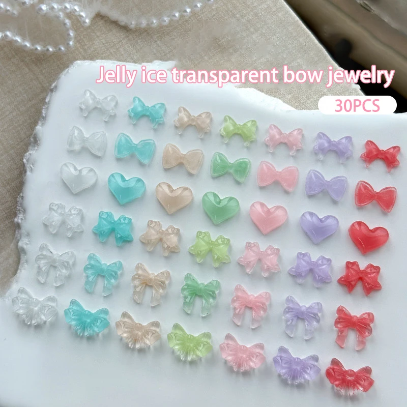 30 Pcs Colorful Jelly Clear Bow Nail Decorations 3D Resin Cute Bowkont Nail Art Charms Gems DIY Manicure Rhinestones