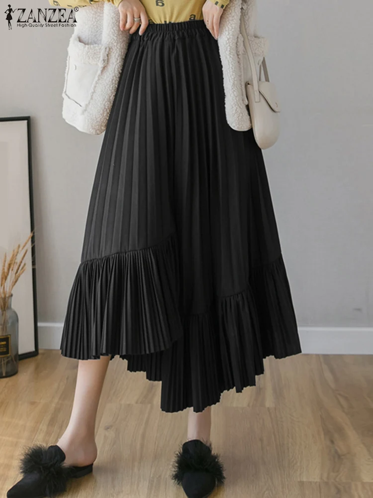 ZANZEA Women Pleated Mid-Calf Skirts Casual Asymmetrical Hem Overskirts 2025 Autumn Solid Color Elegant OL Elastic Waist Bottoms